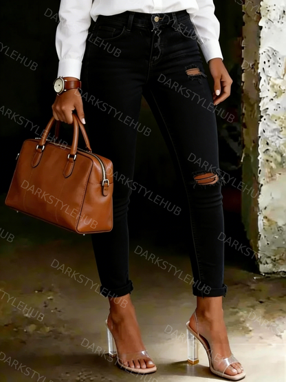 Women's Casual High-Waisted Ripped Skinny Jeans