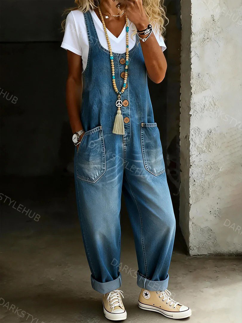 Women's Solid Color Casual Cotton Vest And Denim Jumpsuit