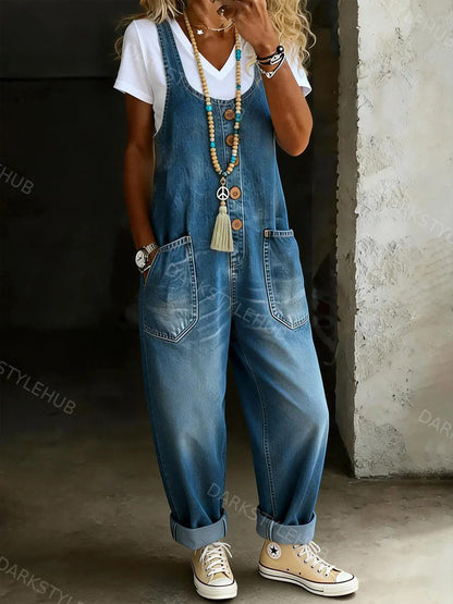 Women's Solid Color Casual Cotton Vest And Denim Jumpsuit Shorts