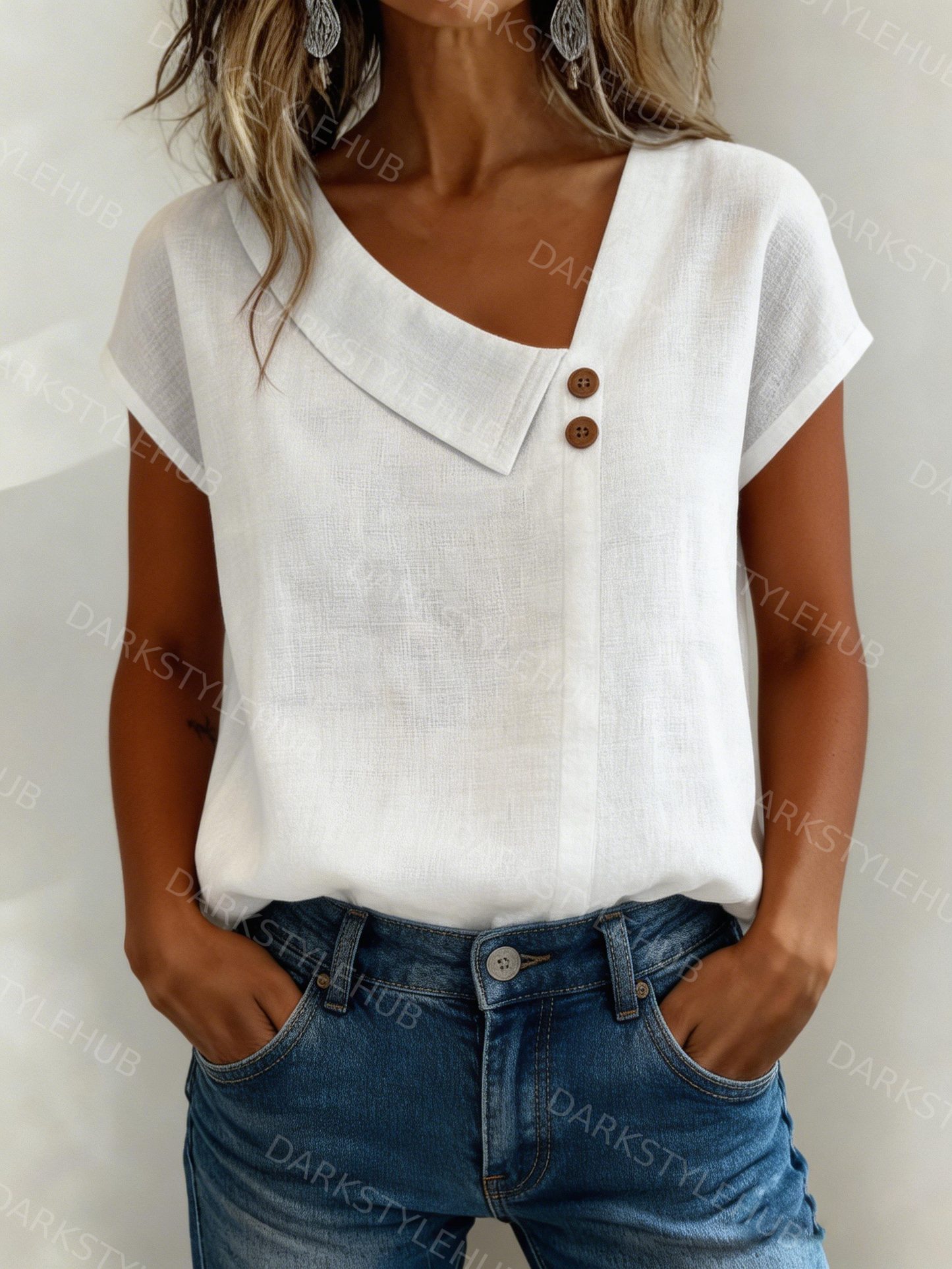 Women's Casual Solid Color V-Neck Short Sleeve Cotton and Linen Button Top