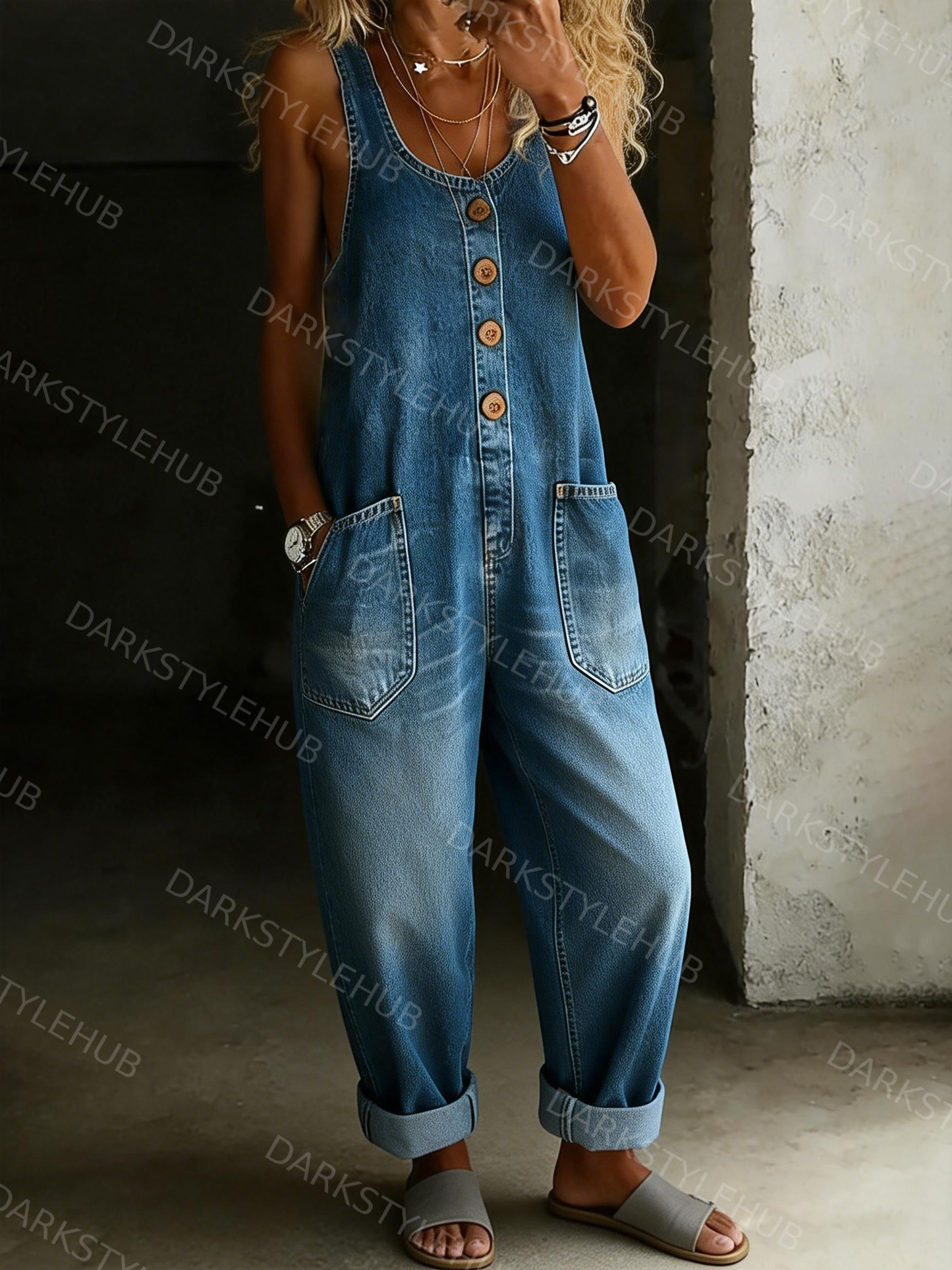 Women's Solid Color Casual Cotton Vest And Denim Jumpsuit Shorts