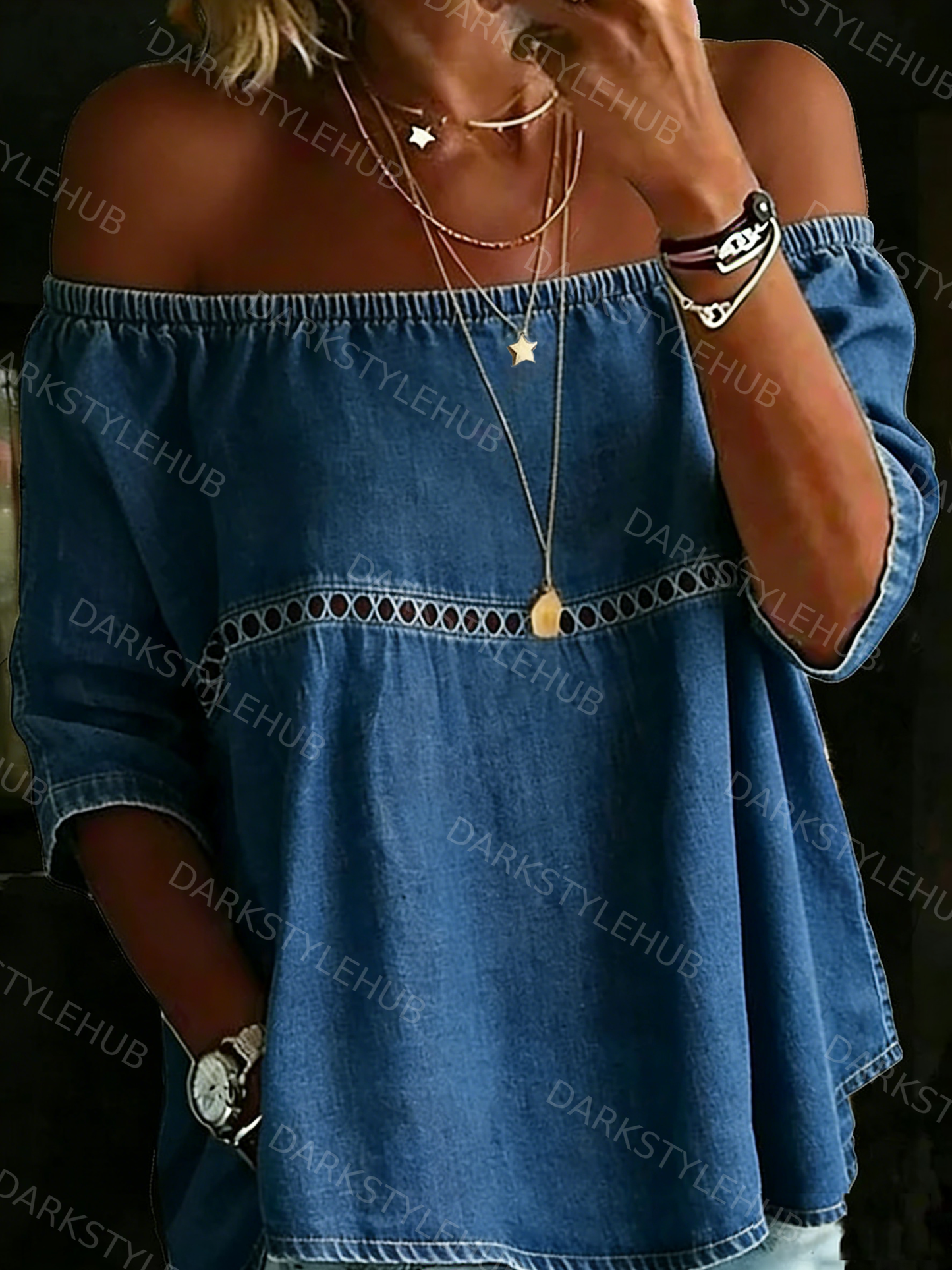 Women's Solid Color Casual  Off-Shoulder Loose Denim Blouse Shirt