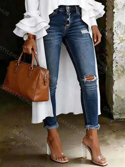 Women's Casual High-Waisted Ripped Skinny Jeans