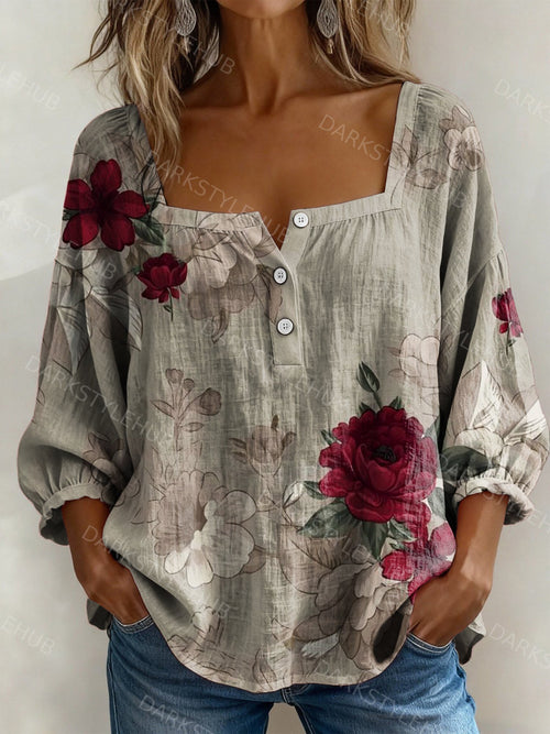 Women's Vintage Floral Print Casual Cotton Linen Shirt