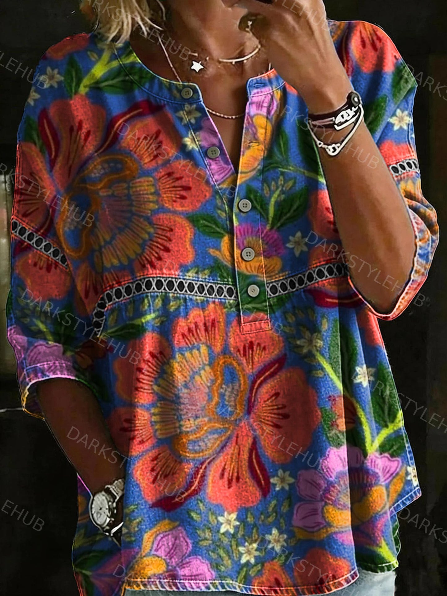 Women's Vintage Floral Print Casual Loose Denim Henley Shirt