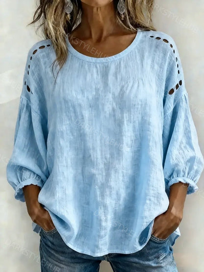 Women's Casual Hollow-out Design Round Neck Cotton Linen Shirt