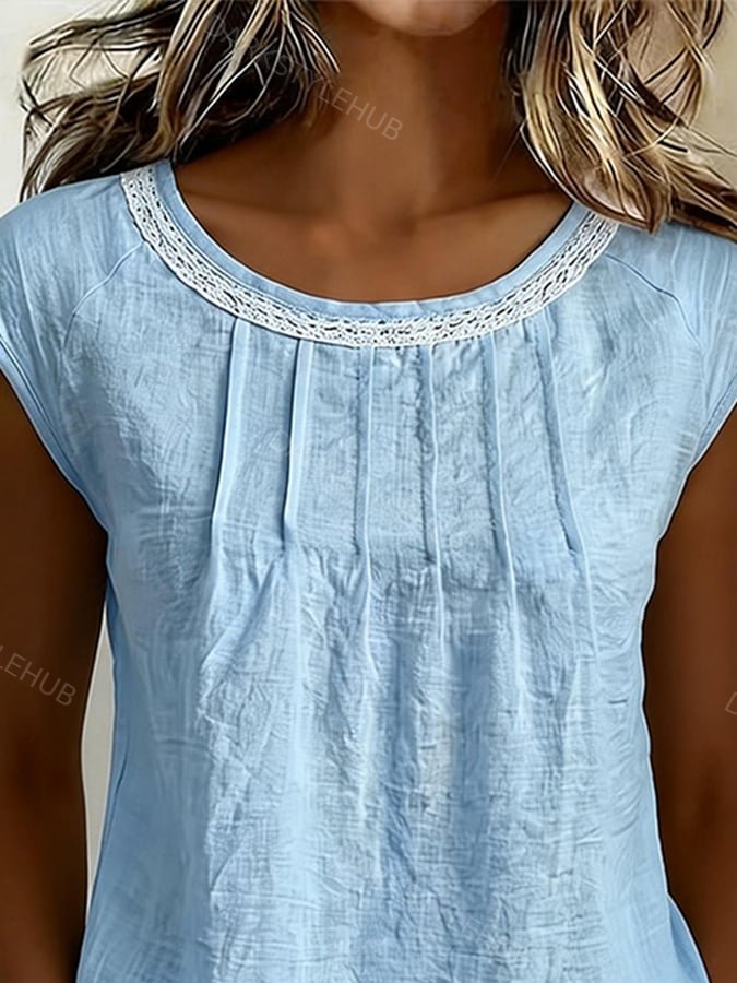 Women'S Casual Round Neck Pleated Cotton And Linen Top