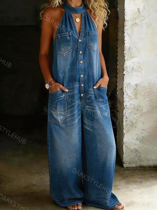 Women's Casual Loose Halter Neck Denim Jumpsuit with Hidden Zipper