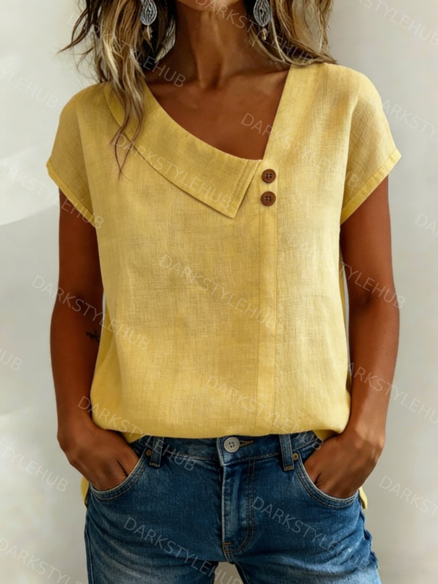 Women's Casual Solid Color V-Neck Short Sleeve Cotton and Linen Button Top