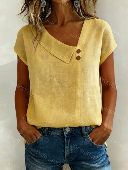 Women's Casual Solid Color V-Neck Short Sleeve Cotton and Linen Button Top