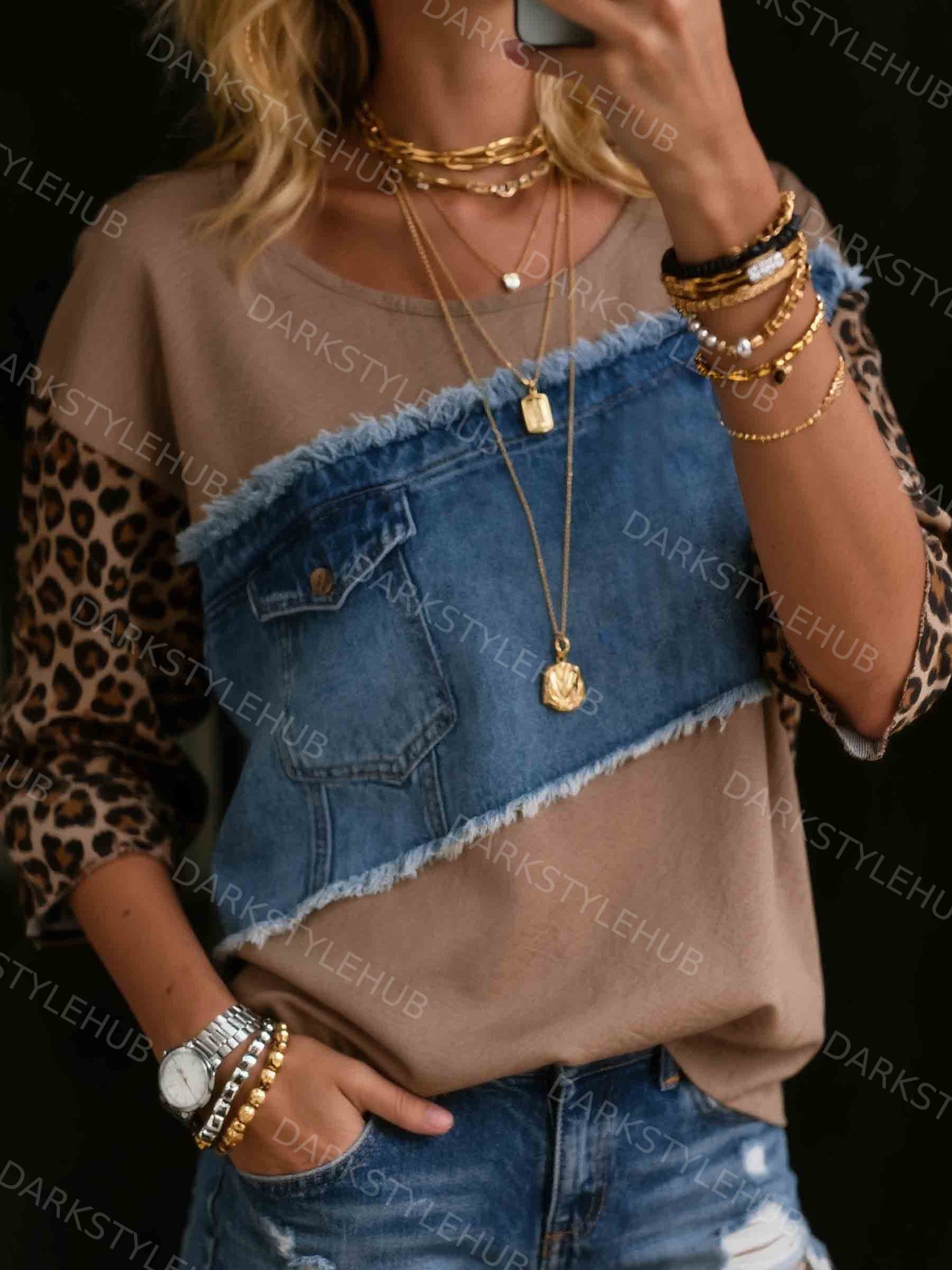 Women's Denim Patchwork Sweatshirt Top