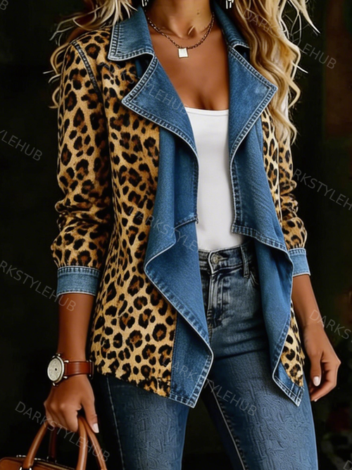Women's Leopard Print Patchwork Long Sleeved Denim Shirt