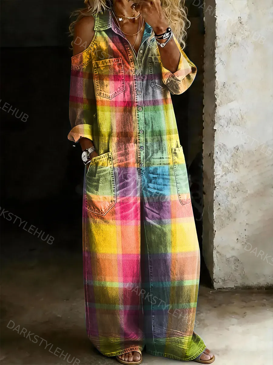Women's Casual Multicolor Plaid Art Prints Off-shoulder Denim Jumpsuit