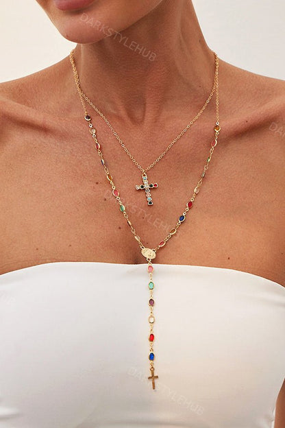 Fashionable Diamond Cross Chain Elegant Multi-layered Necklace