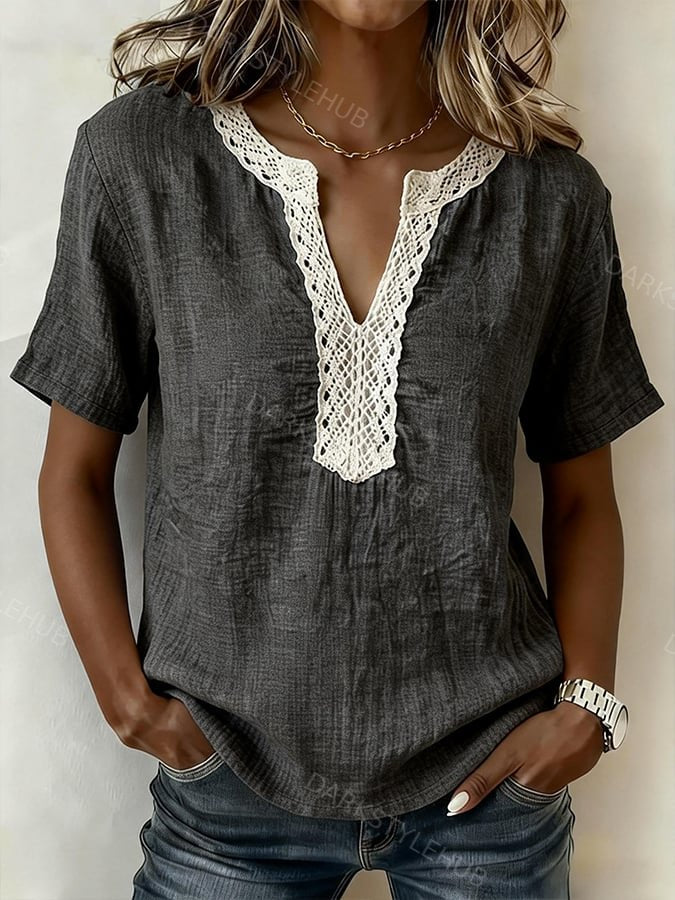 Women's Casual V-neck Lace-trimmed Cotton Linen Top
