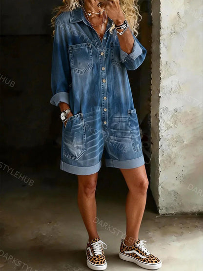 Women's Solid Color Casual Cotton Denim Jumpsuit Shorts