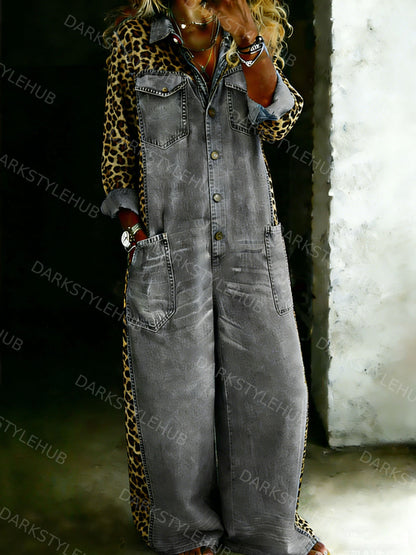 Women’s Cotton One Piece Shirt Denim Jumpsuit