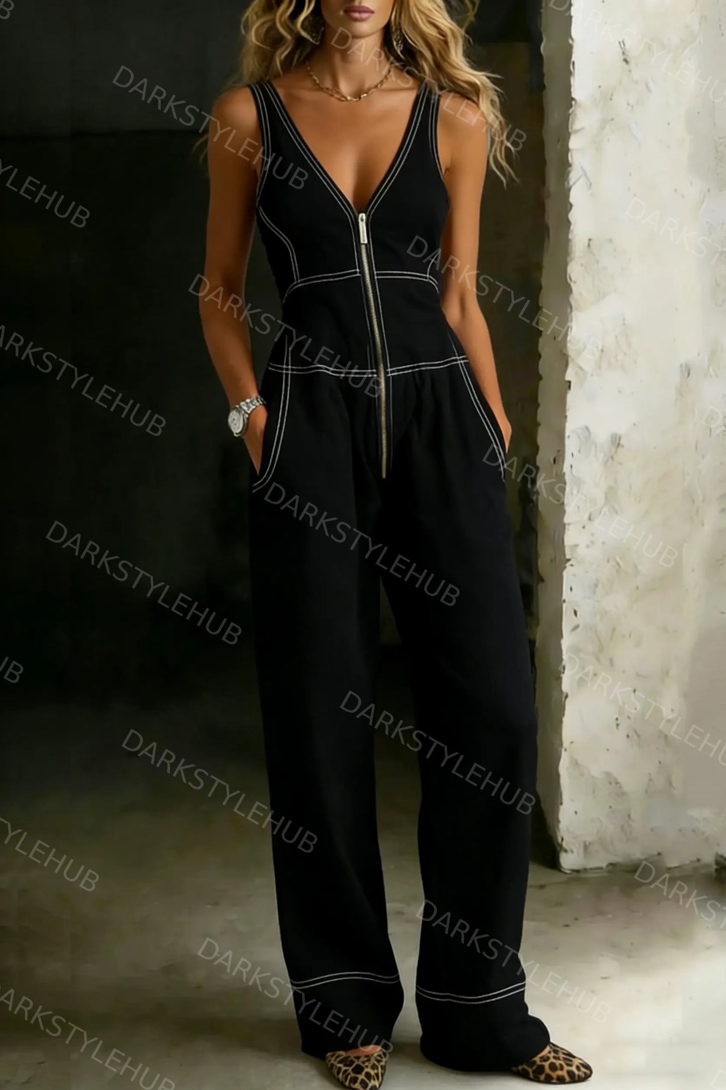 Women‘s Fashion Casual Sleeveless Zipper Stitching Denim Jumpsuit
