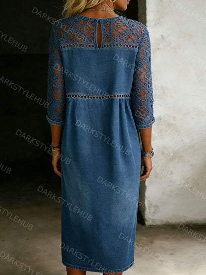 Women's Lace Long-sleeved Casual Denim Dress
