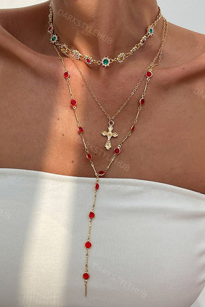 Fashionable Diamond Cross Chain Elegant Multi-layered Necklace