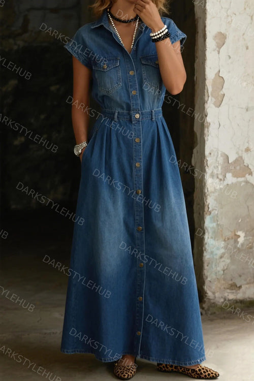 Women's Fashion Casual Loose Short-sleeved Shirt Collar Denim Skirt