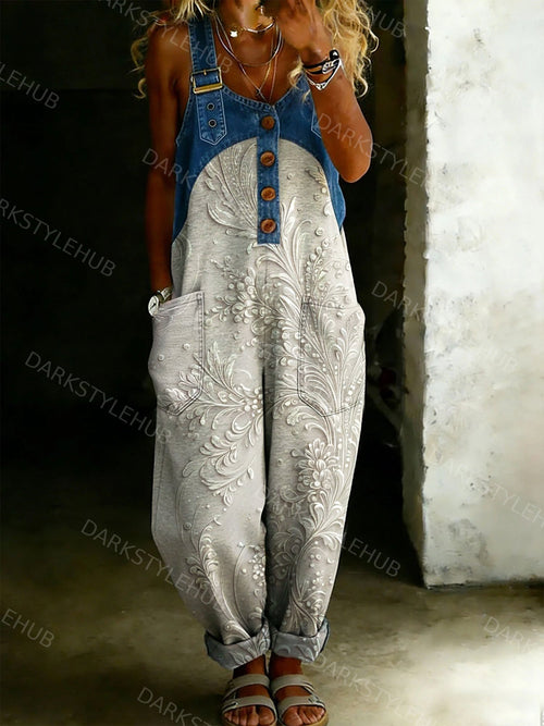 Women’s Vintage Floral Print Casual One Piece Denim Denim Patchwork Jumpsuit