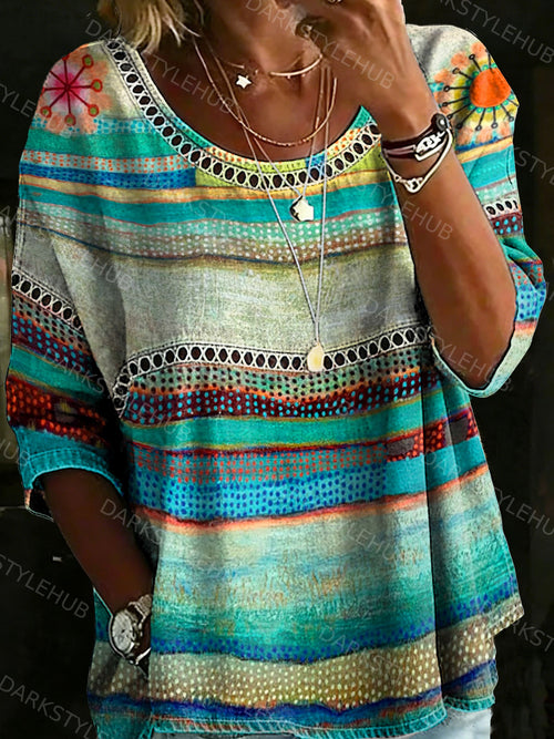 Women's Vintage Abstrct Casual Loose Denim Blouse Shirt