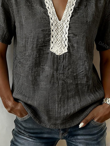 Women's Casual V-neck Lace-trimmed Cotton Linen Top