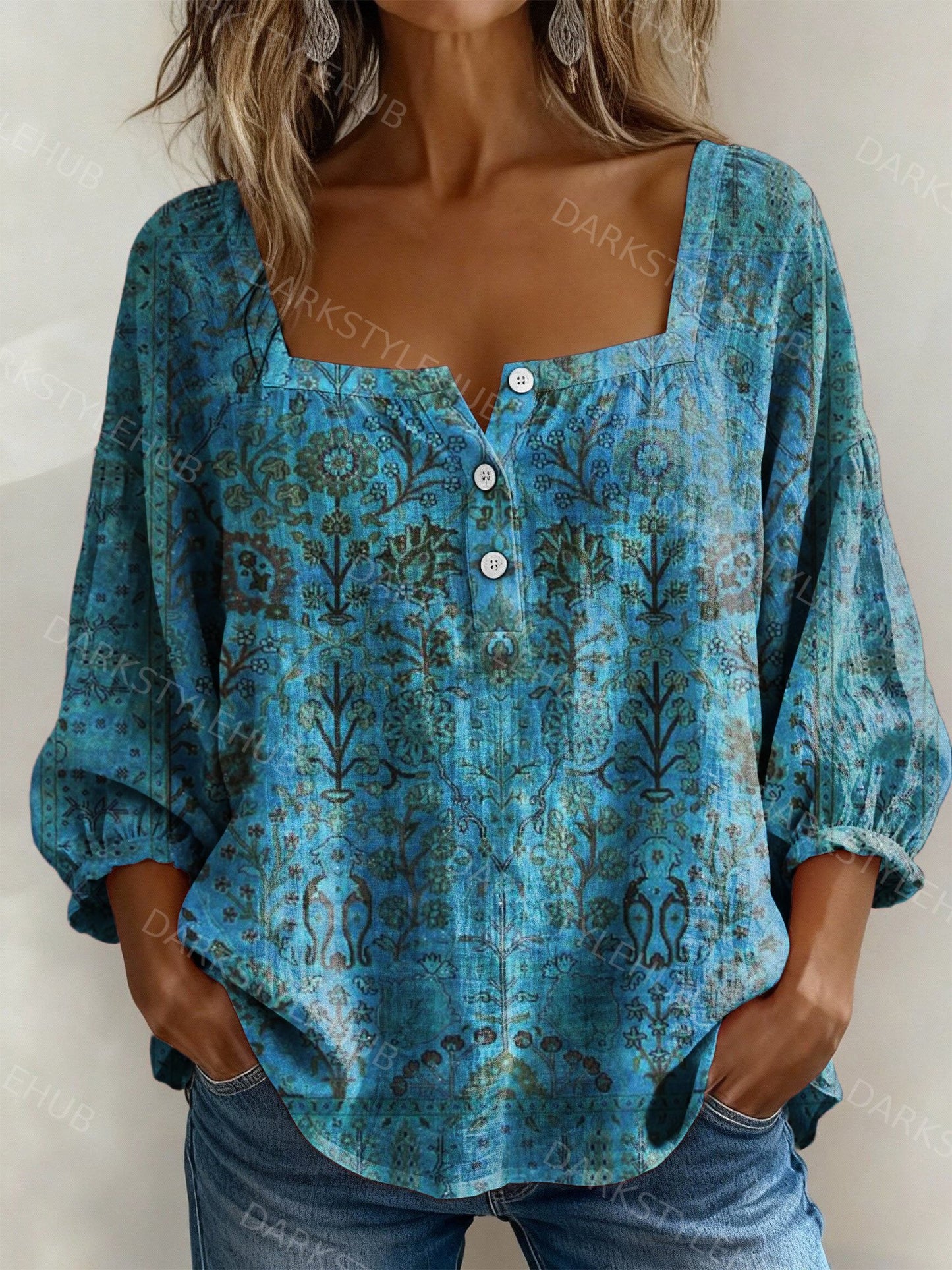 Women's Vintage Print Casual Cotton Linen Shirt