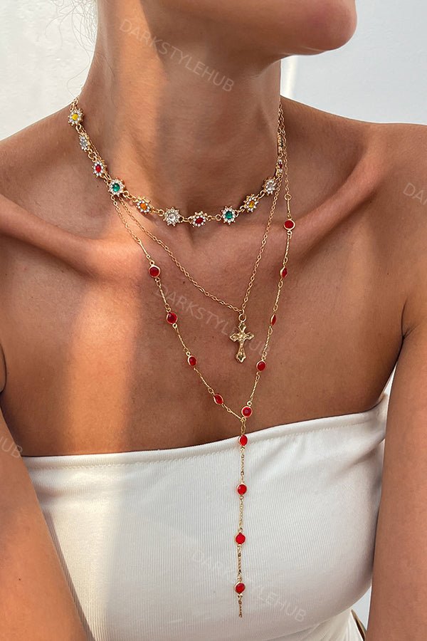 Fashionable Diamond Cross Chain Elegant Multi-layered Necklace