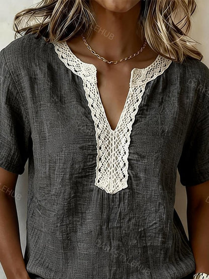 Women's Casual V-neck Lace-trimmed Cotton Linen Top