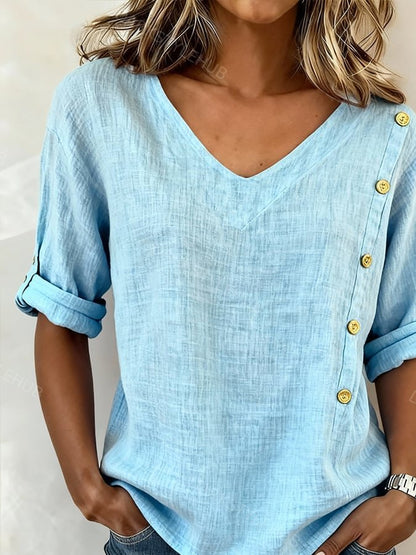 Women'S Casual Solid Color Cotton And Linen Button-Up Top