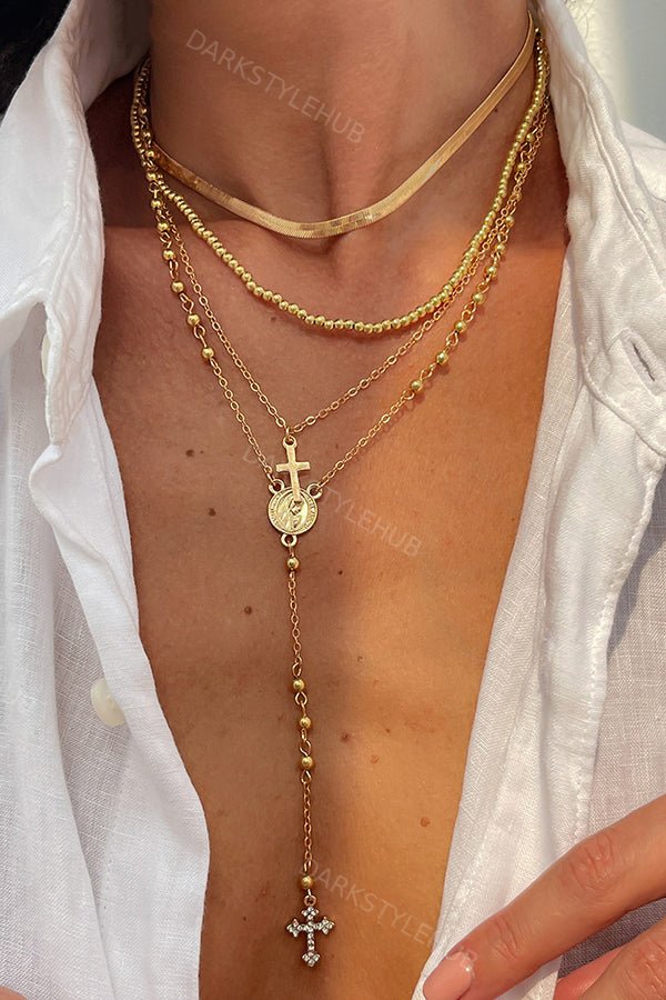 Fashionable Diamond Cross Chain Elegant Multi-layered Necklace