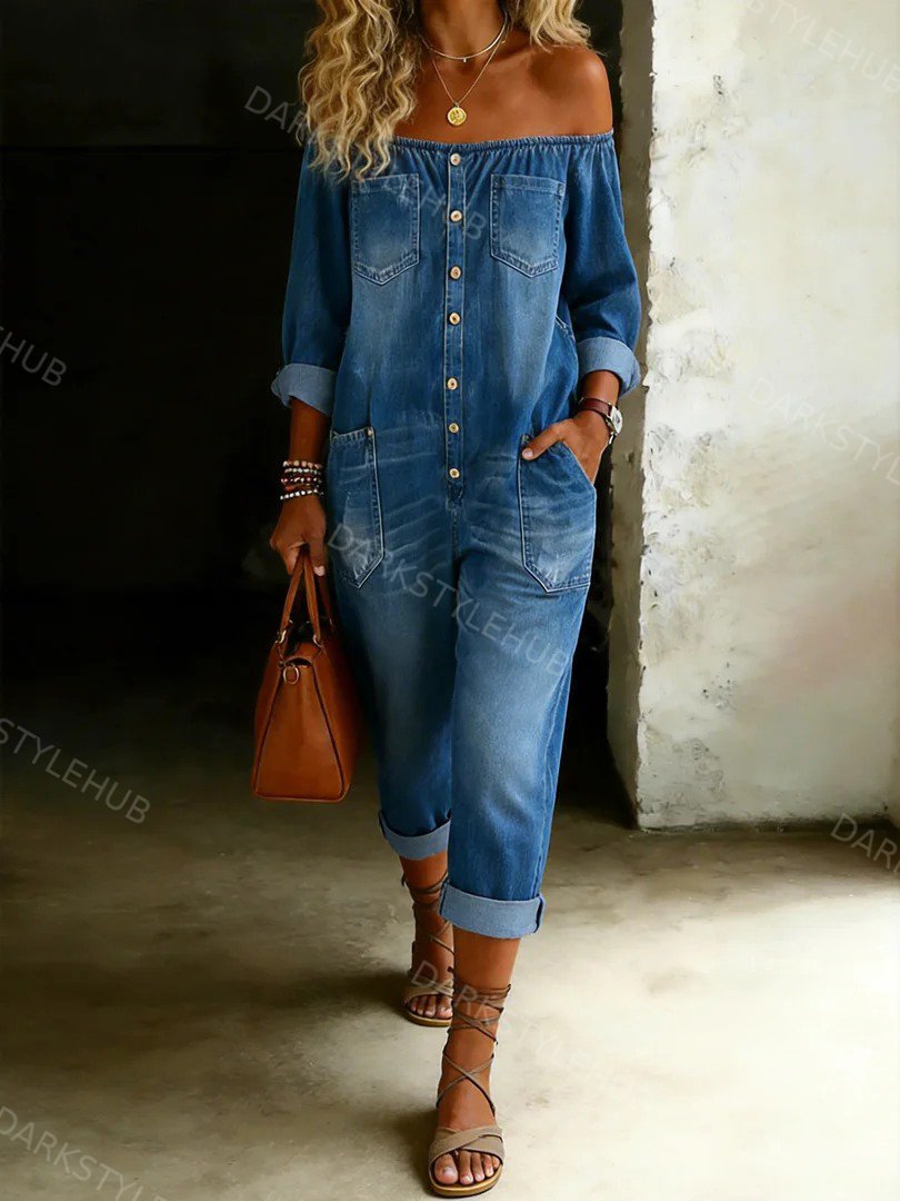Women’s Fashion Vintage Off-shoulder Long Sleeve Denim Capri Jumpsuit