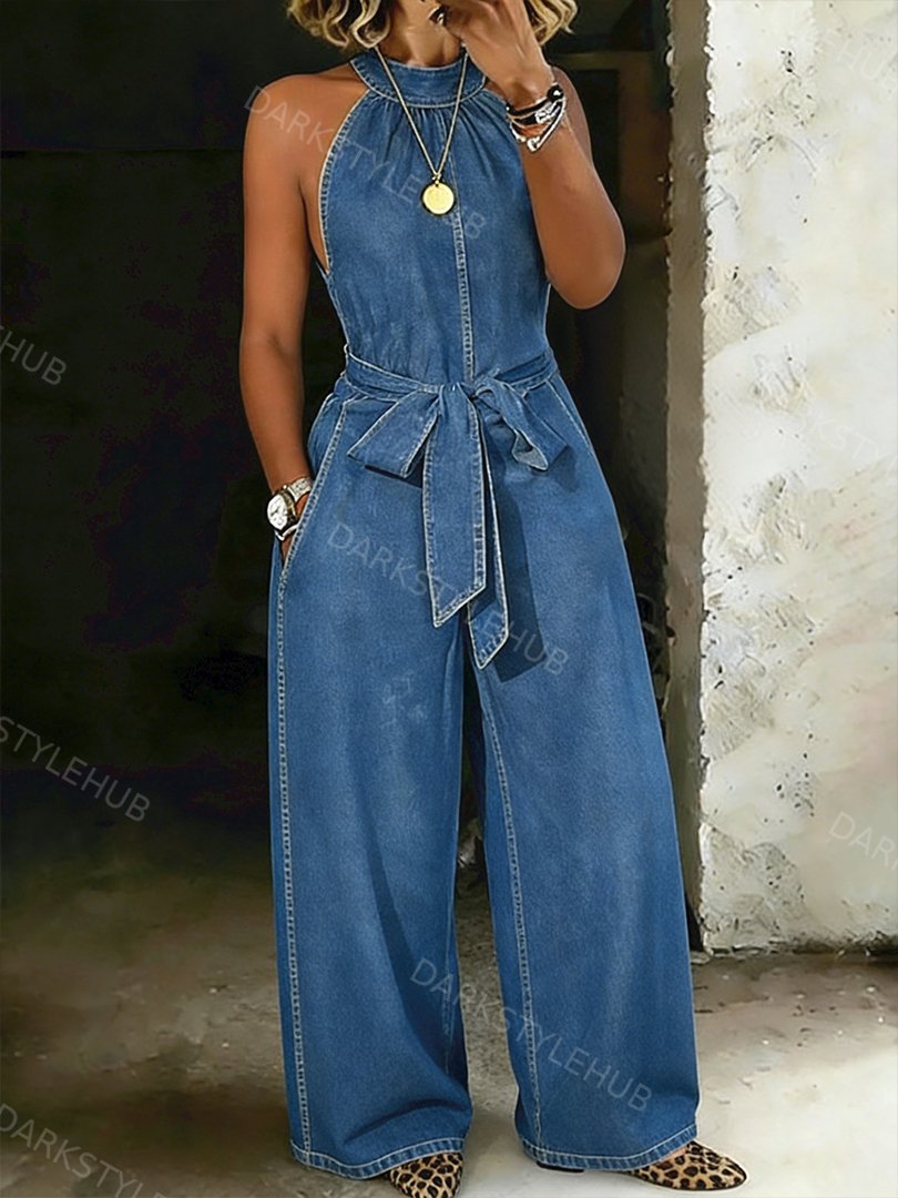 Women's Print Casual 100% Cotton Denim High Collar Wide Leg Jumpsuit