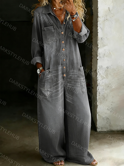Women's Solid Color Cozy Casual Cotton Denim Jumpsuit