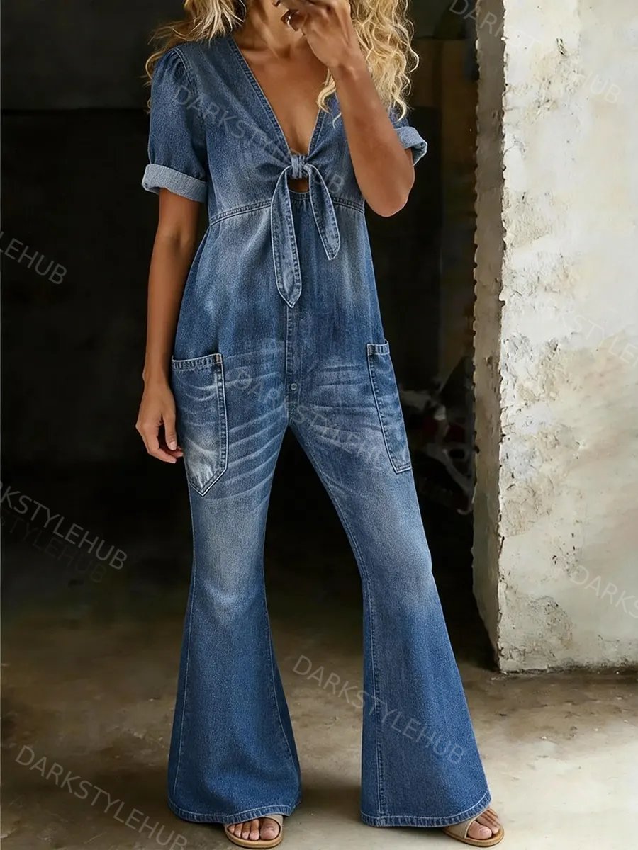 Women's Casual Loose Short Sleeved Denim V-neck Jumpsuit
