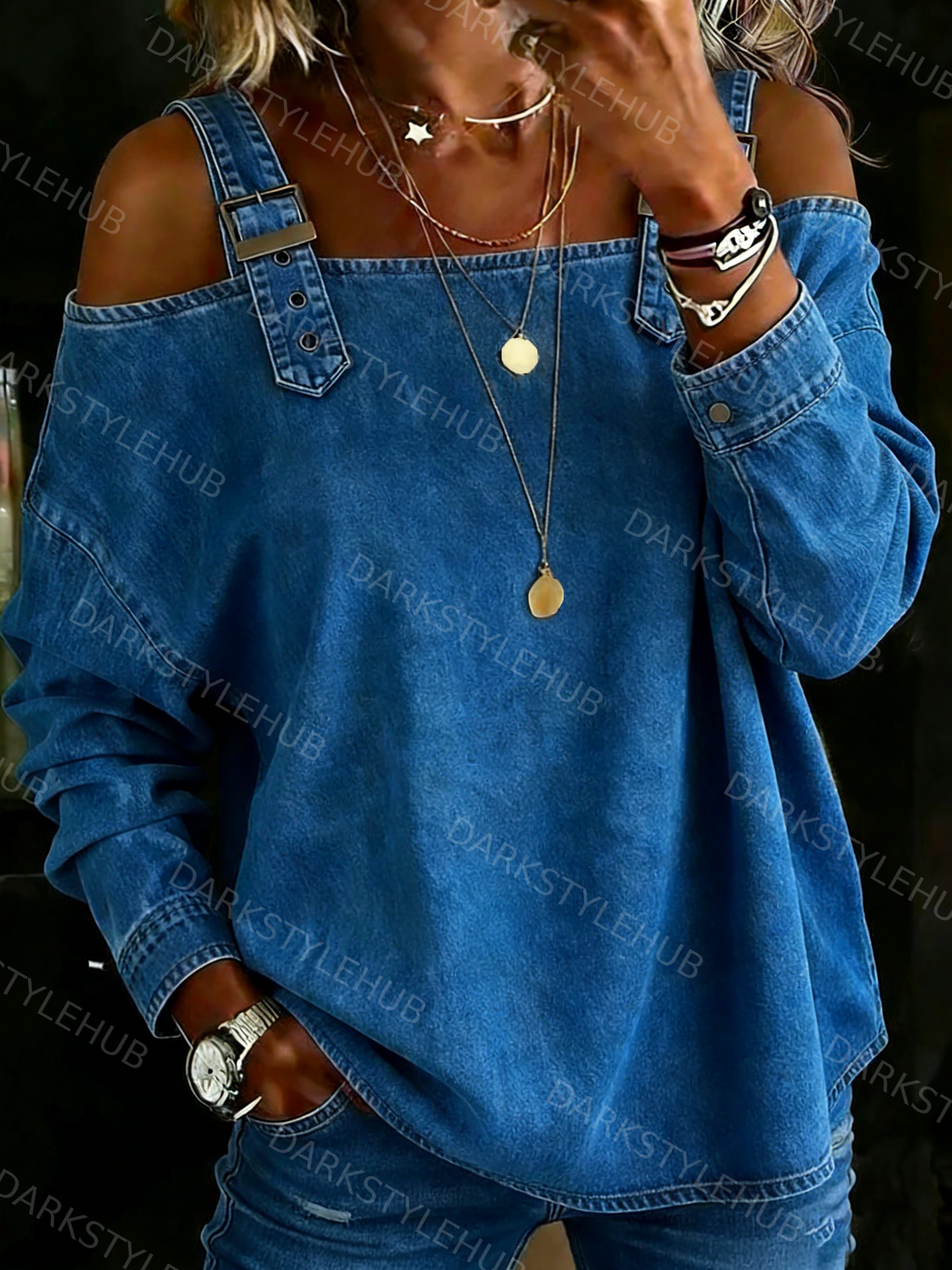 Women‘s Retro Off-the-shoulder Button-down Denim Long-sleeved Top